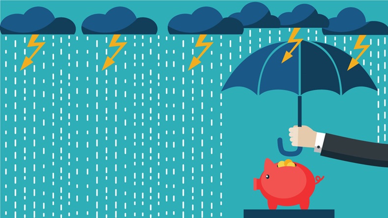 A businessman with umbrella protecting his piggy bank.. Saving money for any storm problem will come. Business concept.