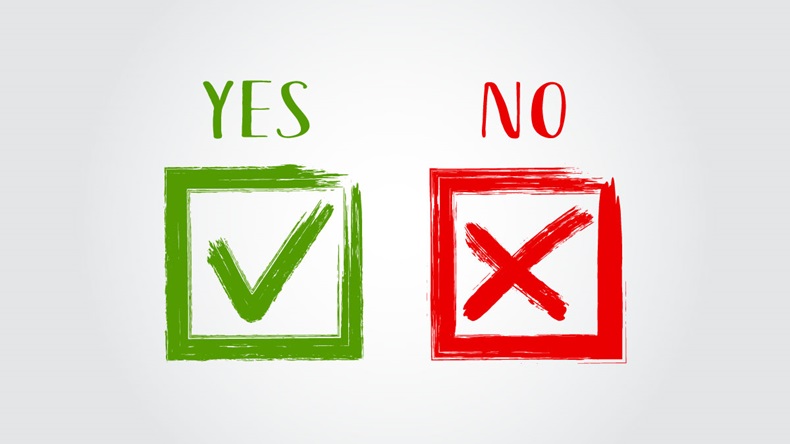 YES and NO acceptance and rejection symbols vector for vote, election choice. Brush painted symbolic approval icons in square frames. Tick and cross signs, check marks graphic design. - Vector 
