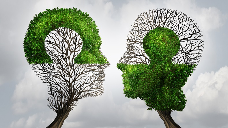 Perfect business partnership as a connecting puzzle shaped as two trees in the form of human heads connecting together as a corporate success metaphor for cooperation and agreement as equal partners. - Illustration 