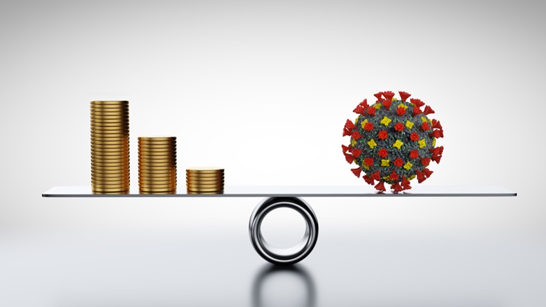 Coins, money and COVID-19 on scale. Concepts of economics against coronavirus. Balancing and managing losses. 3D render