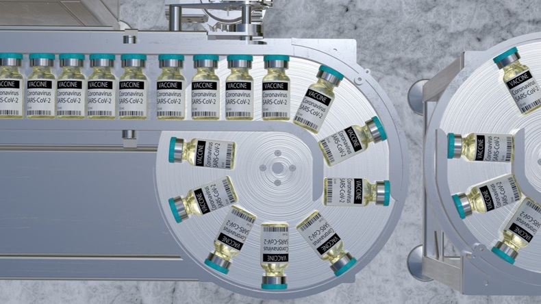 Sars-cov-2 coronavirus vaccine on a production line in a pharmaceutical factory. 3D illustration.