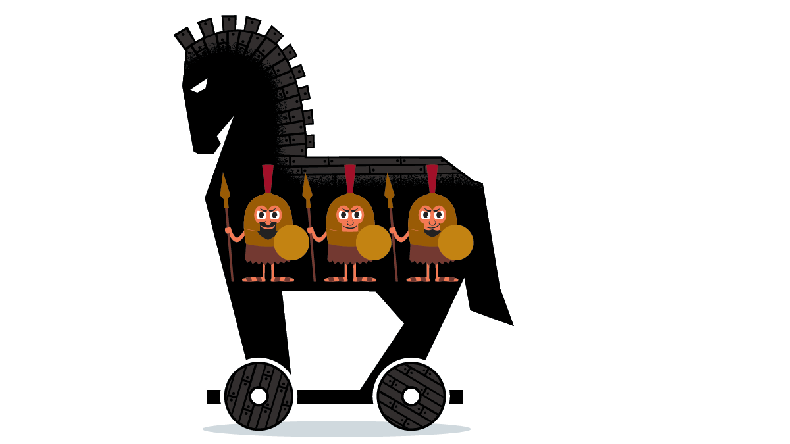Cartoon Trojan horse with Greek soldiers 