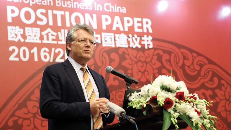 EU Chamber of Commerce in China President Jorg Wuttke at Sept.1 Beijing press briefing of its position paper launch