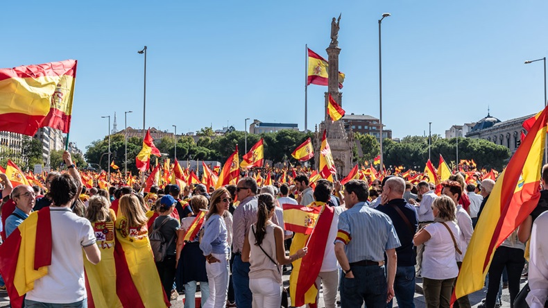 Madrid, Spain - October 7, 2017: Large numbers of people in Madrid, Spain's capital, for an anti-separatist demonstration.