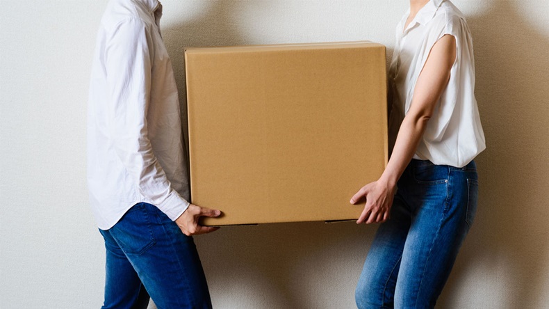 Men and women couple carrying a cardboard box