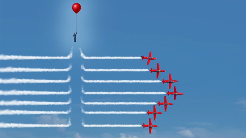 Disruptive change as an outsider person disrupting the jet airplane smoke trails with 3D illustration elements as a business innovator or innovative change maker symbol. - Illustration 