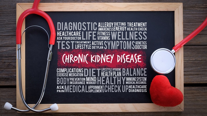 Chronic Kidney Disease general health word cloud on chalkboard with stethoscope, health / medical concept. - Image 