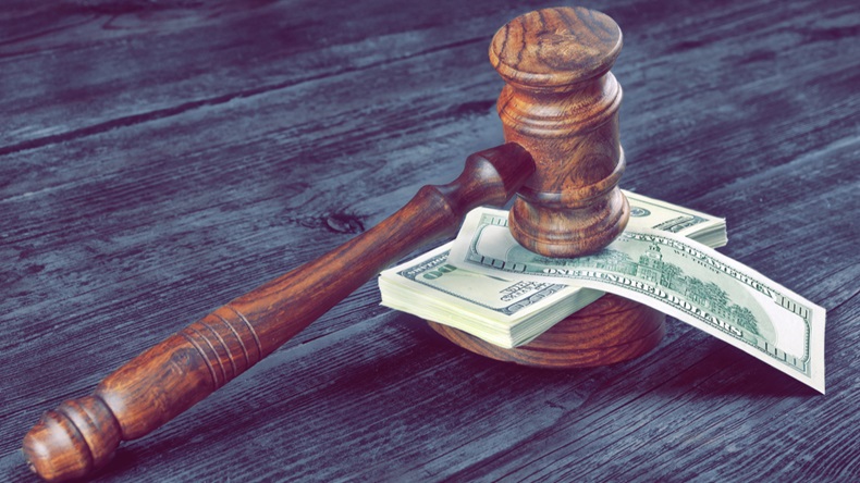USD Money Cash And Auctioneers Or Judges Gavel Or Hammer On Wooden Courtroom Bench Or Auctioneer Table. Wood Background. Law, Monetary, Auction Bidding, Bankruptcy, Bail, Tax Evasion Concept? - Image 