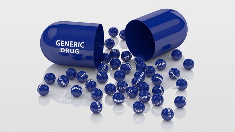 3D render of generic pill with granules over white background - Illustration