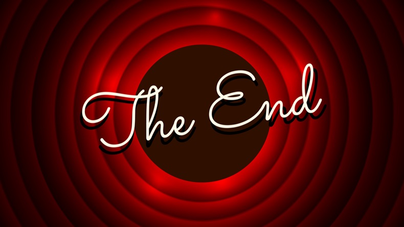  The End handwrite title on red round background. Old movie circle ending screen. Vector illustration - Vector 
