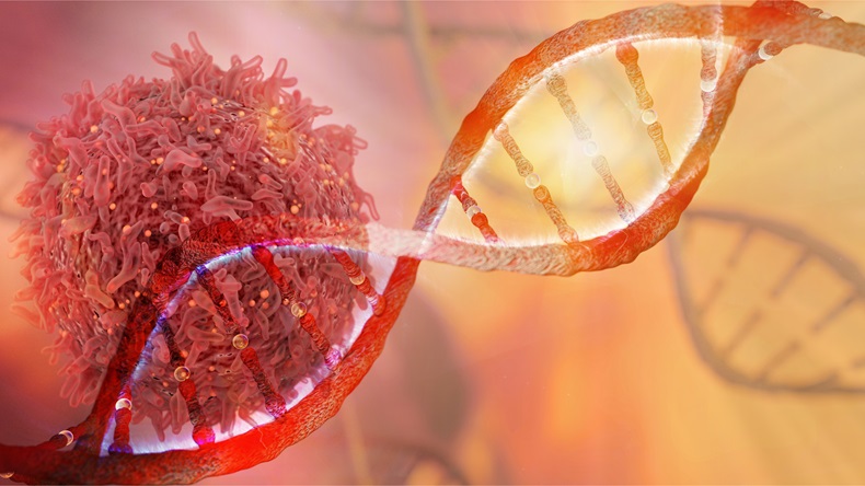 DNA strand and Cancer Cell Oncology Research Concept 3D rendering - Illustration 