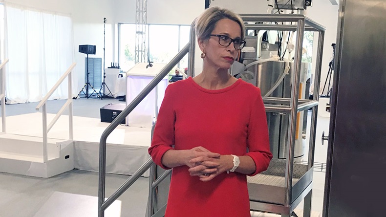GSK CEO Emma Walmsley addresses reporters at new GSK plant