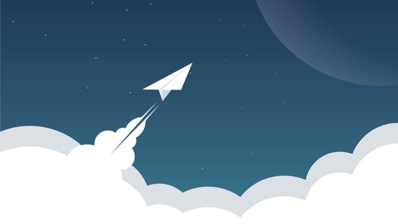 Paper plane as spaceship flying above clouds to another planet, mars. Business background for success, launch, startup, technology innovation, exploration, mission. Eps10 vector illustration. - Vector 
