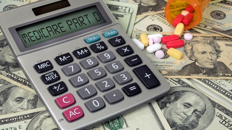 Medicare Part D text on calculator with prescription pills in bottle on American money