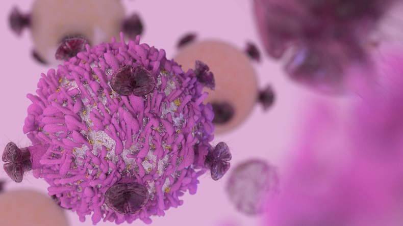 T cell lymphocyte with receptors to kill cancer cell in cancer immunotherapy 3D render