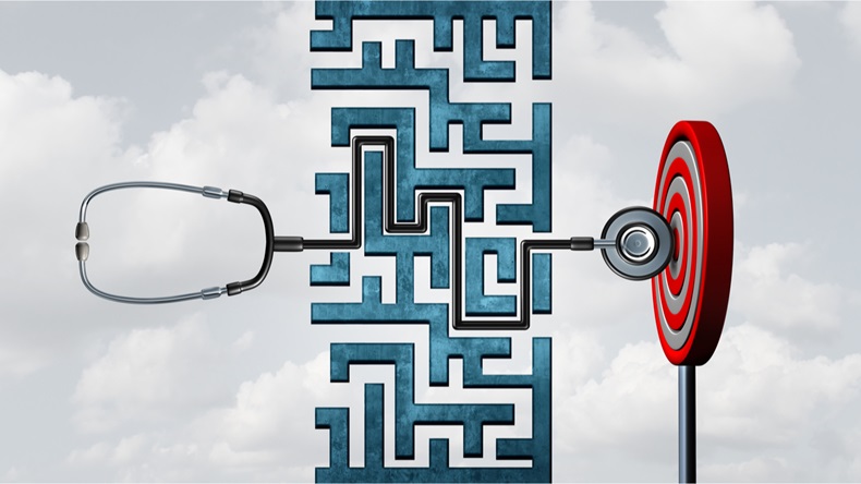 Healthcare success and patients to succeed in medical care or successful doctor concept as a stethoscope solving a maze to hit the target and succeed as a 3D illustration.