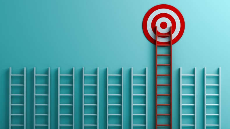Long red ladder to goal target the business concept on blue pastel color background with shadows 3D rendering