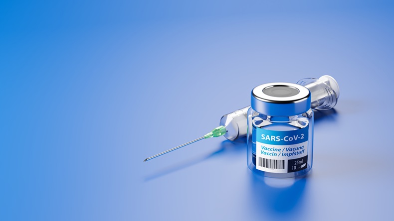 3d rendering: Vaccination against new Corona Virus SARS-CoV-2: A glass with vaccination and a syringe behind it. The word vaccination in English, Spanish, French and German on the label. Copy space