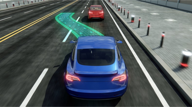 Autonomous self driving electric car change the lane and overtakes city vehicle 3d rendering
