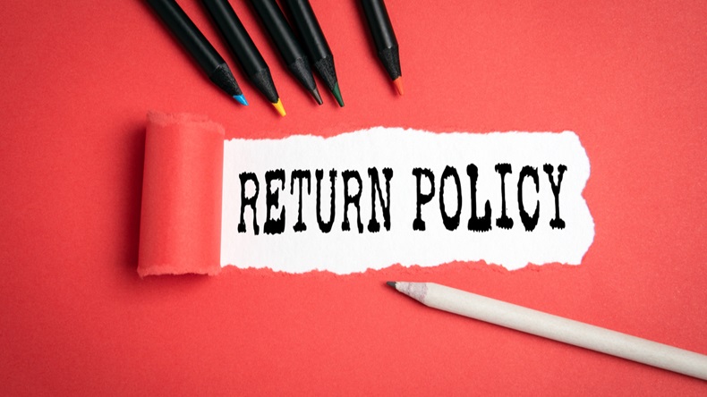 Return policy. online store orders, company policies and good service concept. Text under torn paper