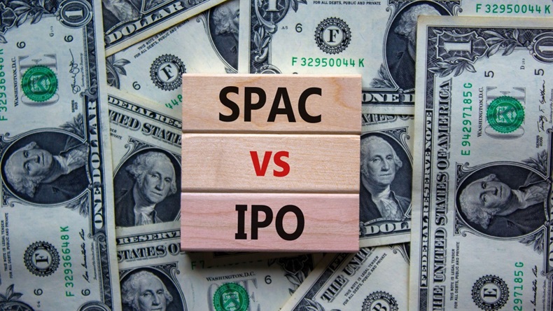 SPAC vs IPO symbol on dollar bill background