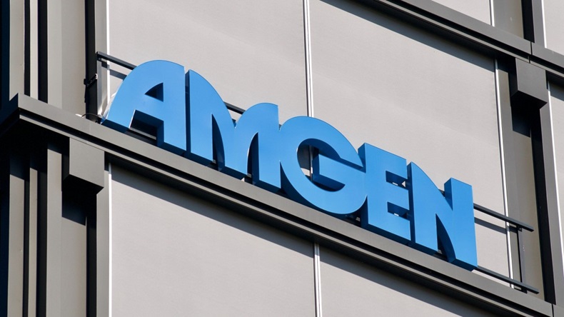  Amgen logo sign hanging on the office building in Rotkreuz, Switzerland