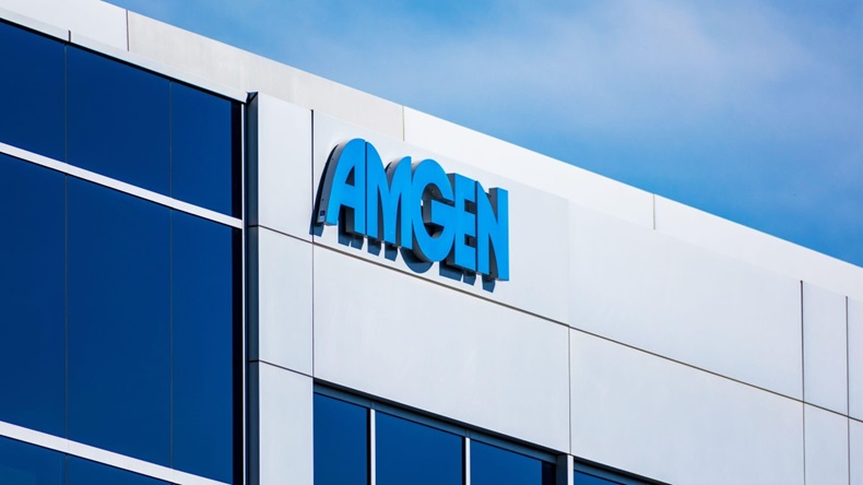 Amgen logo at biopharmaceutical company office in South San Francisco