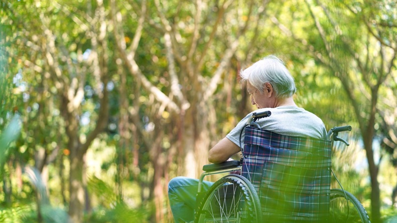 rear view of asian senior man sitting outdoors in wheelchair