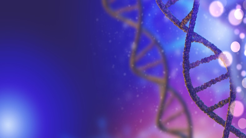 Genetic background with DNA strand. DNA spirals on a blue background. 