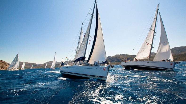 Boats competing in a sailing regatta in the Mediterranean Sea off Turkey