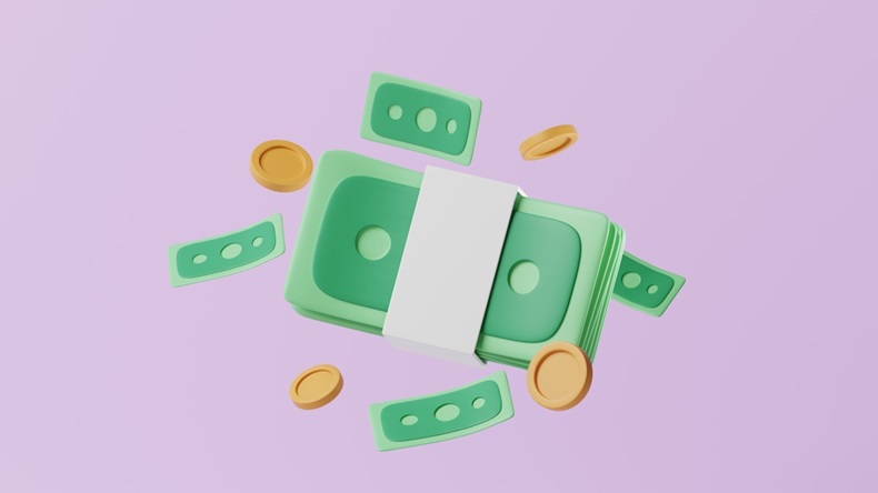 Animated image of green wads of money and gold coins on purple background