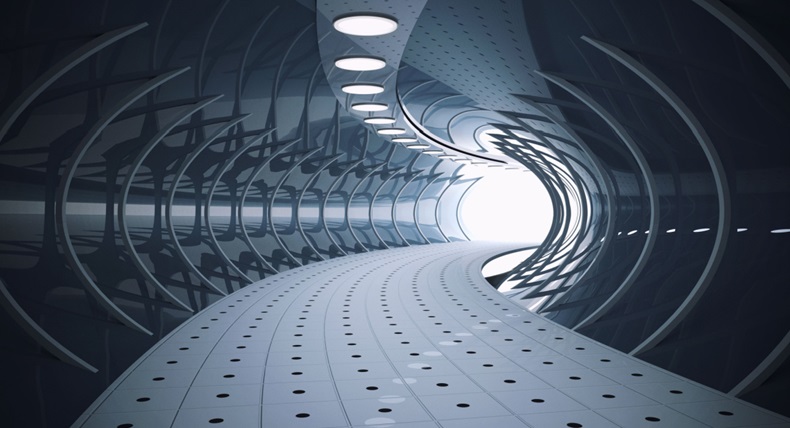 Futuristic tunnel with white light in the end