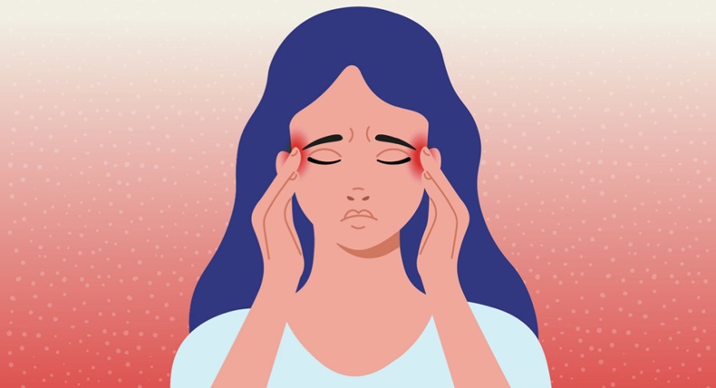 Woman having headache, migraine. Cartoon vector illustration.