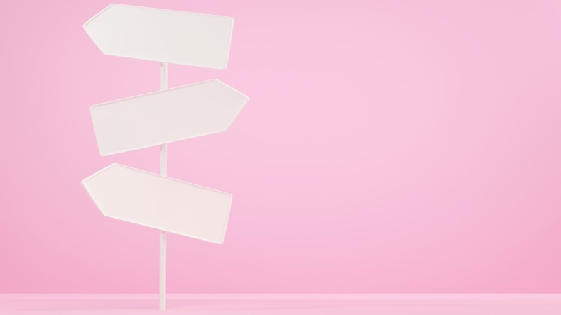 Three blank, white signposts on a pink background, representing choice