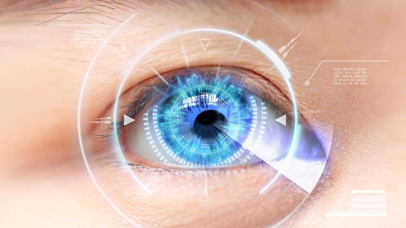Close-up of blue eye. High Technologies in the futuristic. : cataract
