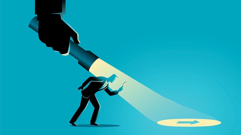Business concept illustration of a businessman being guided by a hand holding a flashlight uncovering arrow sign.