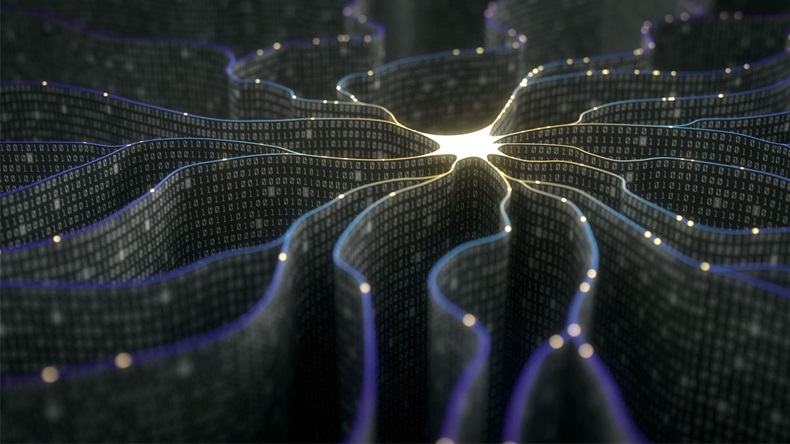3D illustration. Artificial neuron in concept of artificial intelligence. Wall-shaped binary codes make transmission lines of pulses and/or information in an analogy to a microchip.