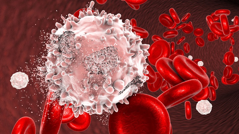 Destruction of leukaemia cell, conceptual image. 3D illustration which can be used to illustrate blood cancer treatment