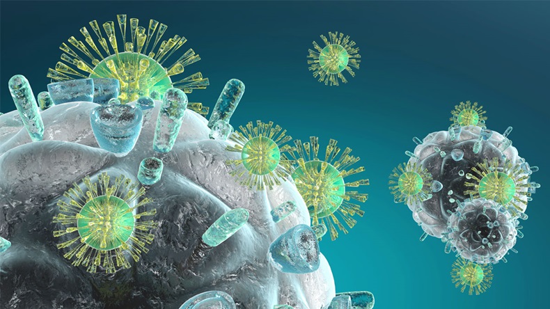 3D Illustration of Immune System cells attacking a HIV Virus. 
