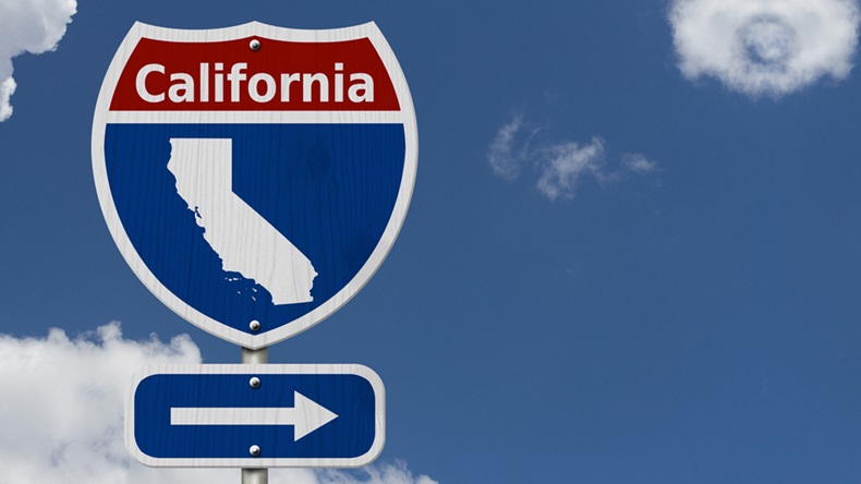 Road trip to California, Red, white and blue interstate highway road sign with word California and map of California with sky background 3D Illustration
