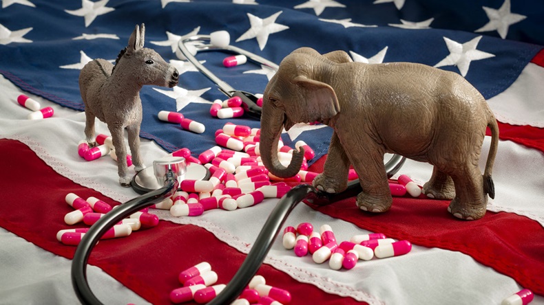 The fight over the Affordable Care Act and the repeal and replace of Obamacare concept.In American politics US parties are represented by either the democrat donkey or republican elephant